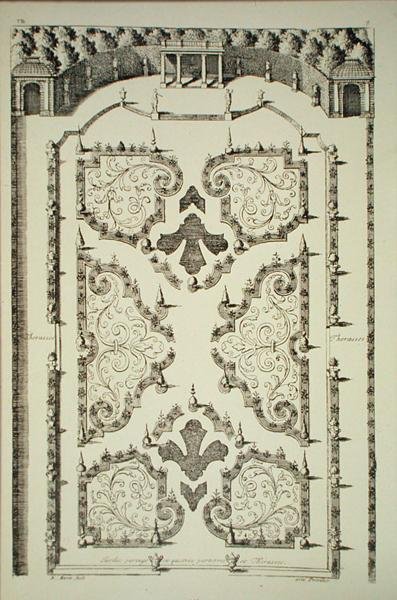 Dört parter ve terasla bölünmüş bahçe (gravür) by Daniel the Elder Marot