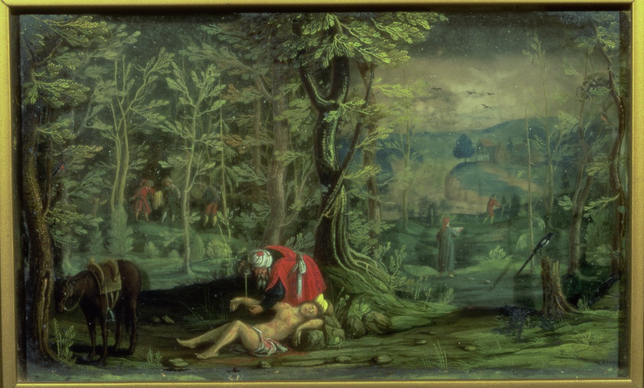 The Good Samaritan (cam ve mika üzerine yağlı boya) by Daniel the Younger Bretschneider