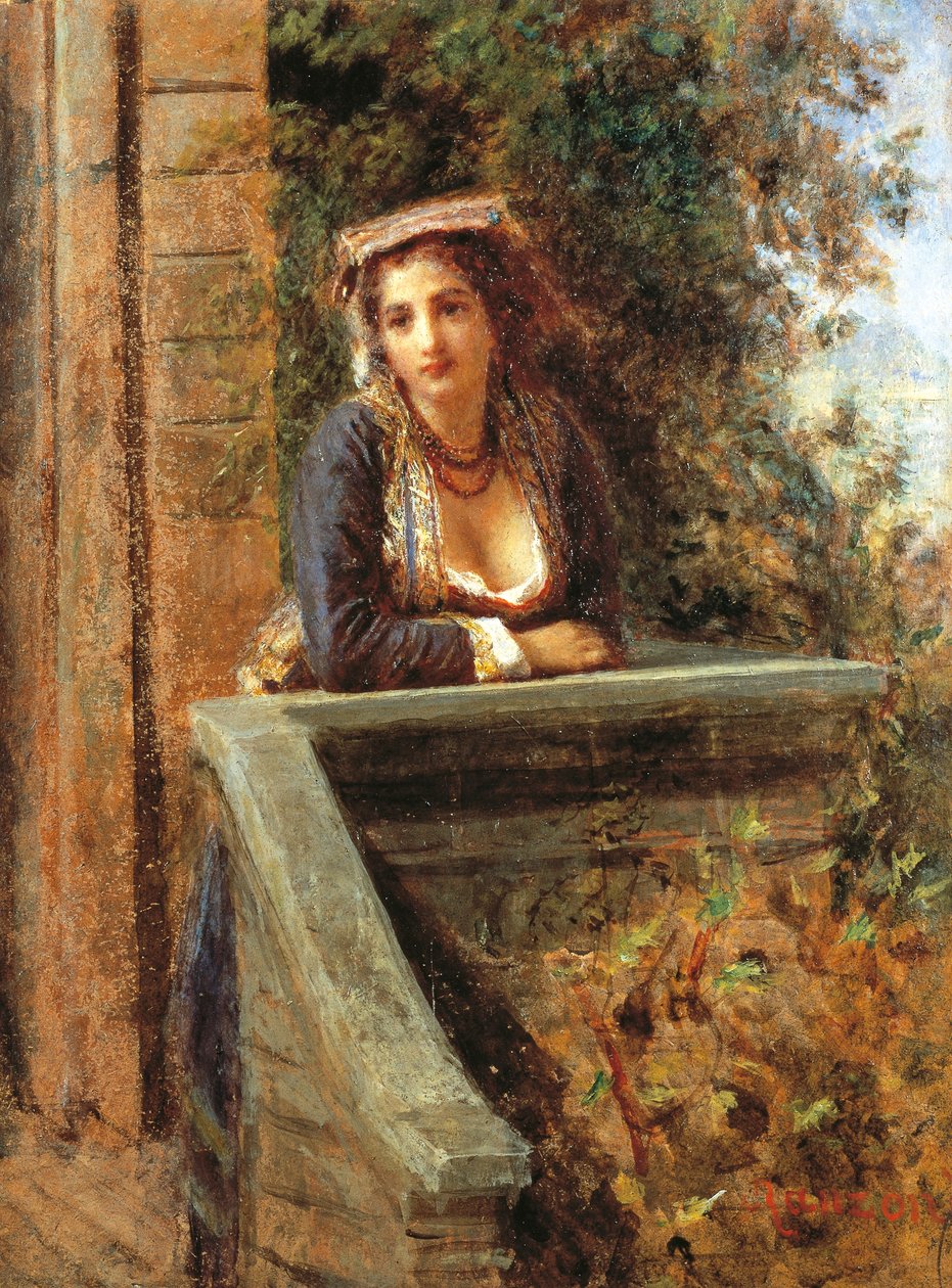 Pencerede genç kız veya balkonda genç kadın, Daniele Ranzoni (1843-1889), ahşap üzerine kağıt üzerine yağlı boya, 44x33 cm by Danielle Ranzoni