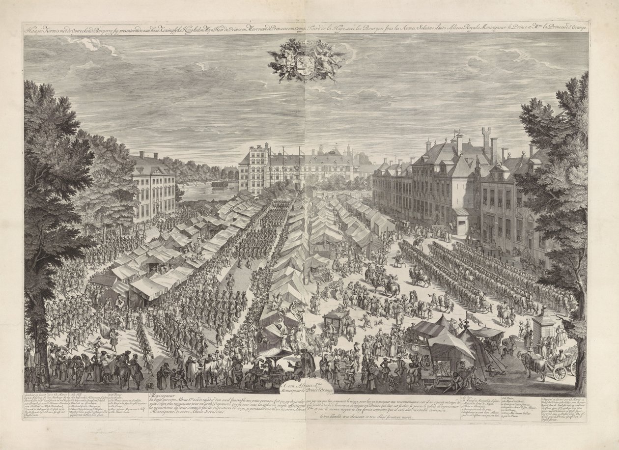 Orange Prensi ve Prensesi ile Lahey Fuarı, 1686 Majesteleri lordum prens ve madam Orange prensesi / Foire de la Haye, avec les bourgois sous les armes, avec les bourgois sous les armes, sa. by Daniël Marot (I)