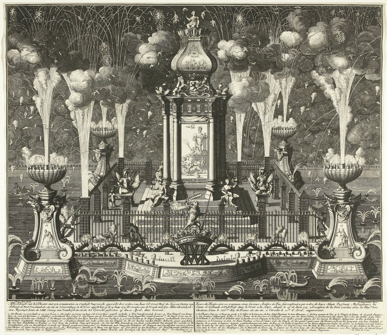 Utrecht Antlaşması'nın kutlanmasında havai fişekler, 1713 Ordere van Haar Ed tarafından dikilen syn süslemeli ve konstig havai fişekli tiyatronun resmi. Groot Mog: Lahey'deki Heeren Staten van Holland ve West Vriesland (...) by Daniël Stopendaal