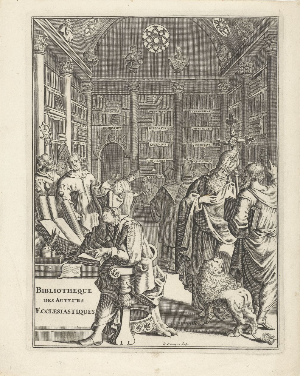 Din adamları ile kütüphane içi Başlık sayfası: Bibliotheque des Authors Ecclesiastiques, yılsız by Daniël met de Penningen