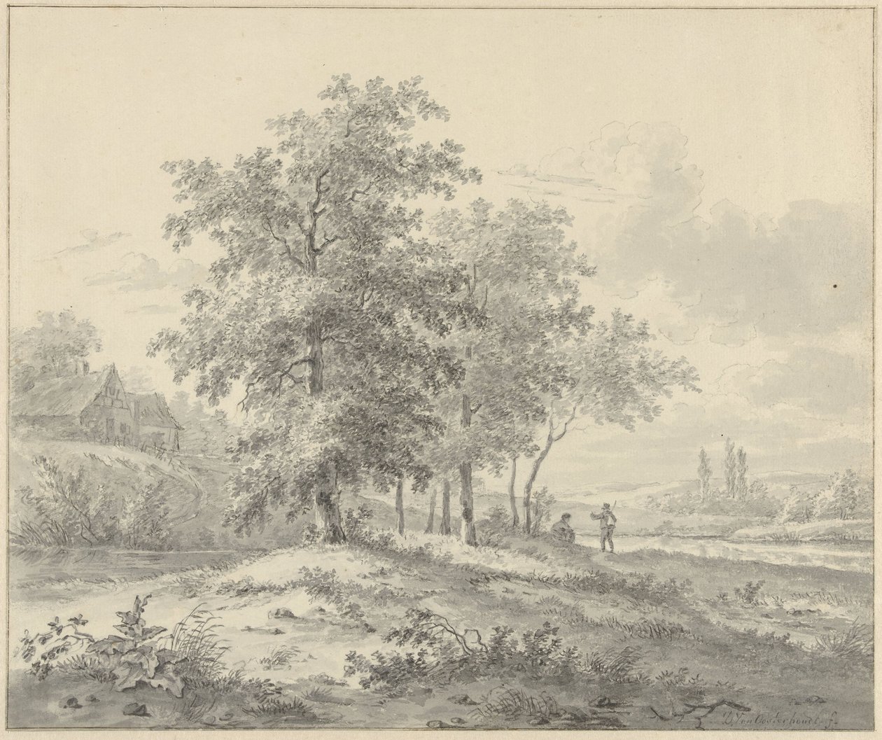 Ağaçların altında iki figürlü manzara by Daniël van Oosterhoudt (possibly)