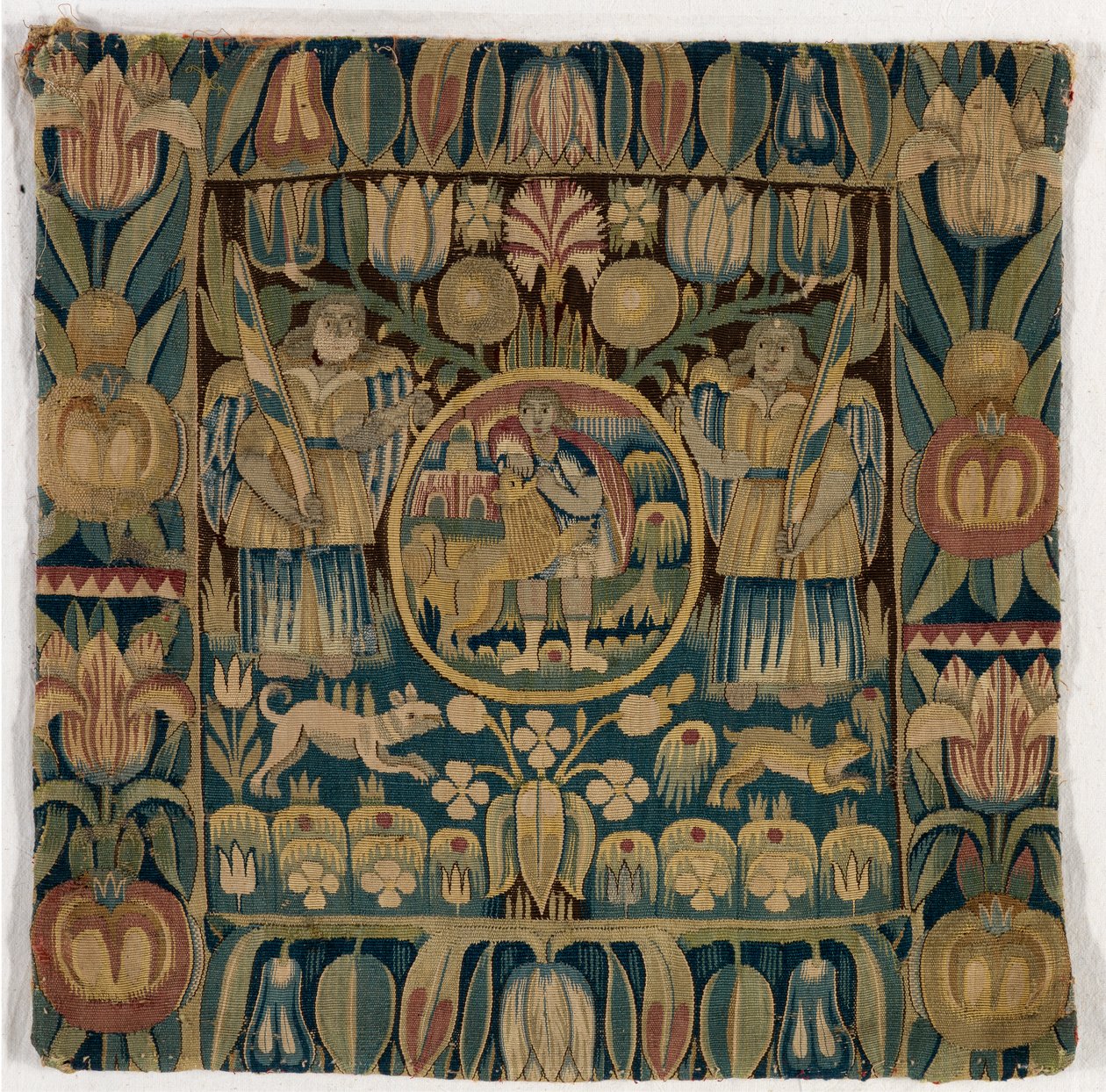 Samson'un Aslanı Öldürmesini tasvir eden goblen yastık kılıfı, Schleswig-Holstein, Danimarka'da yapılmıştır, c.1615 (yün) by Danish School