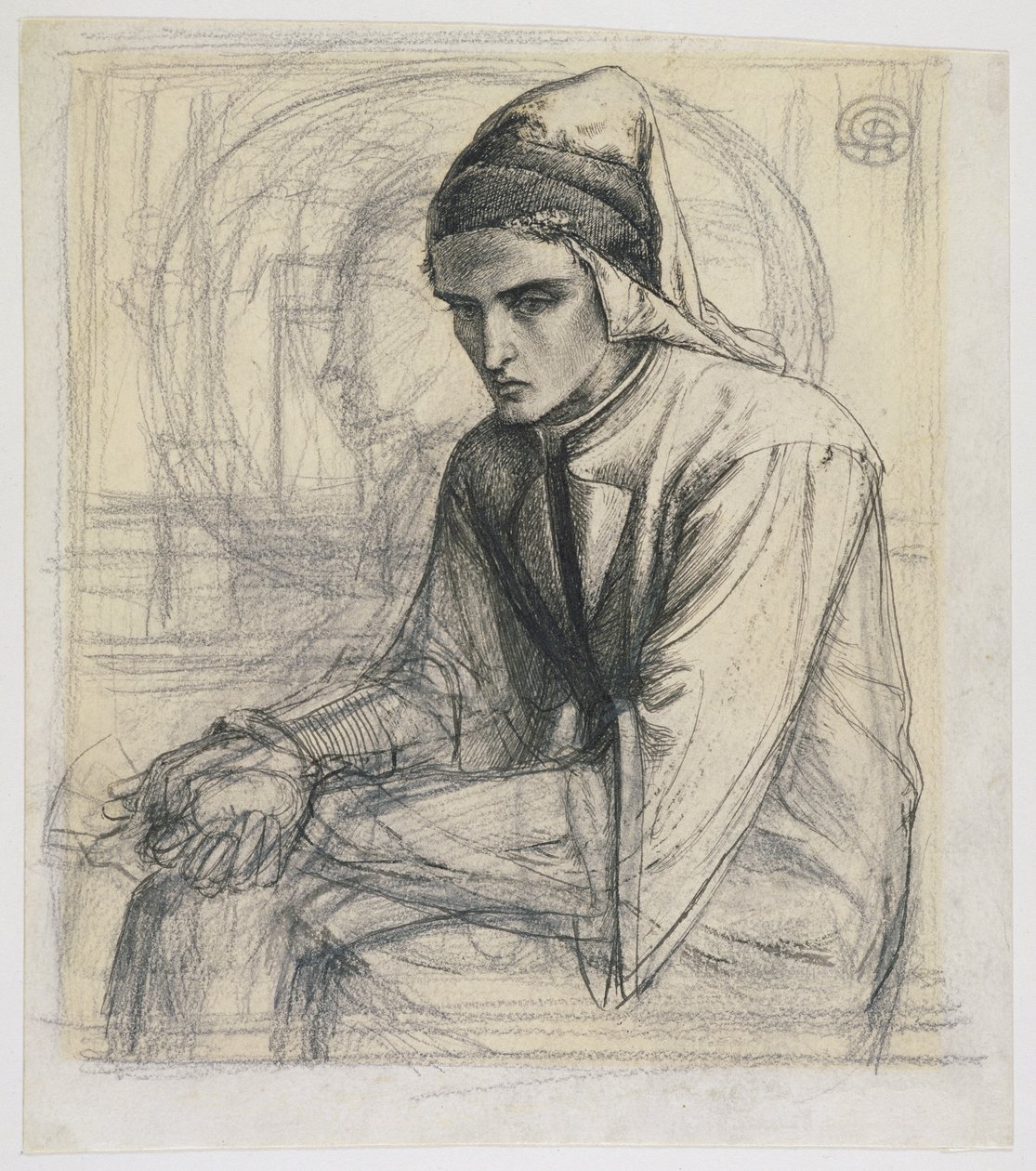 Dante Nar Tutarak Meditasyonda, c.1852 (kağıt üzerinde kalem ve mürekkep ve kurşun kalem) by Dante Gabriel Charles Rossetti