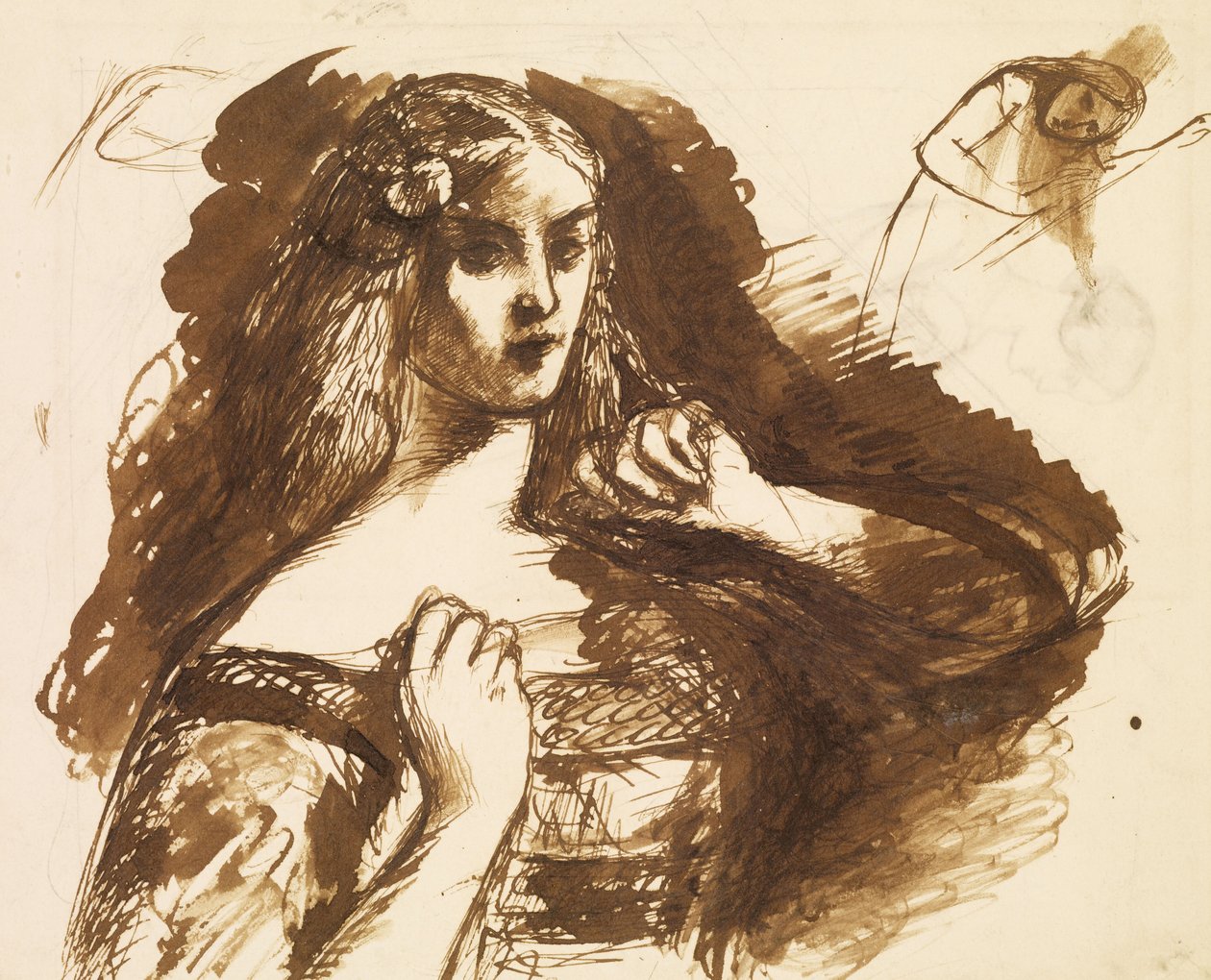 Genç bir kadının yarım boy çizimi by Dante Gabriel Charles Rossetti