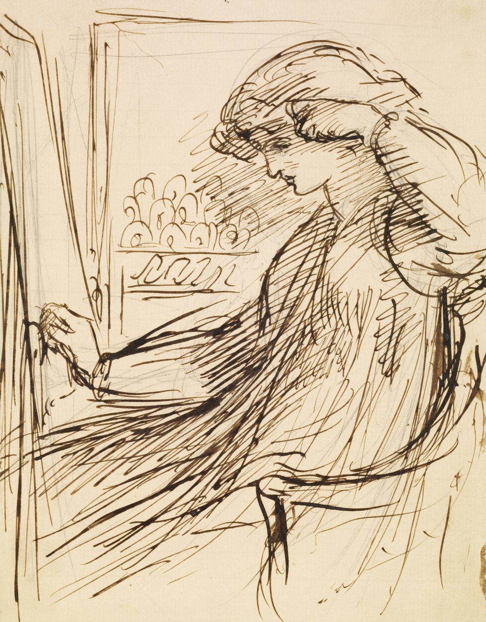 Nakış Çerçevesinde veya Şövalede Oturan Kadın by Dante Gabriel Charles Rossetti