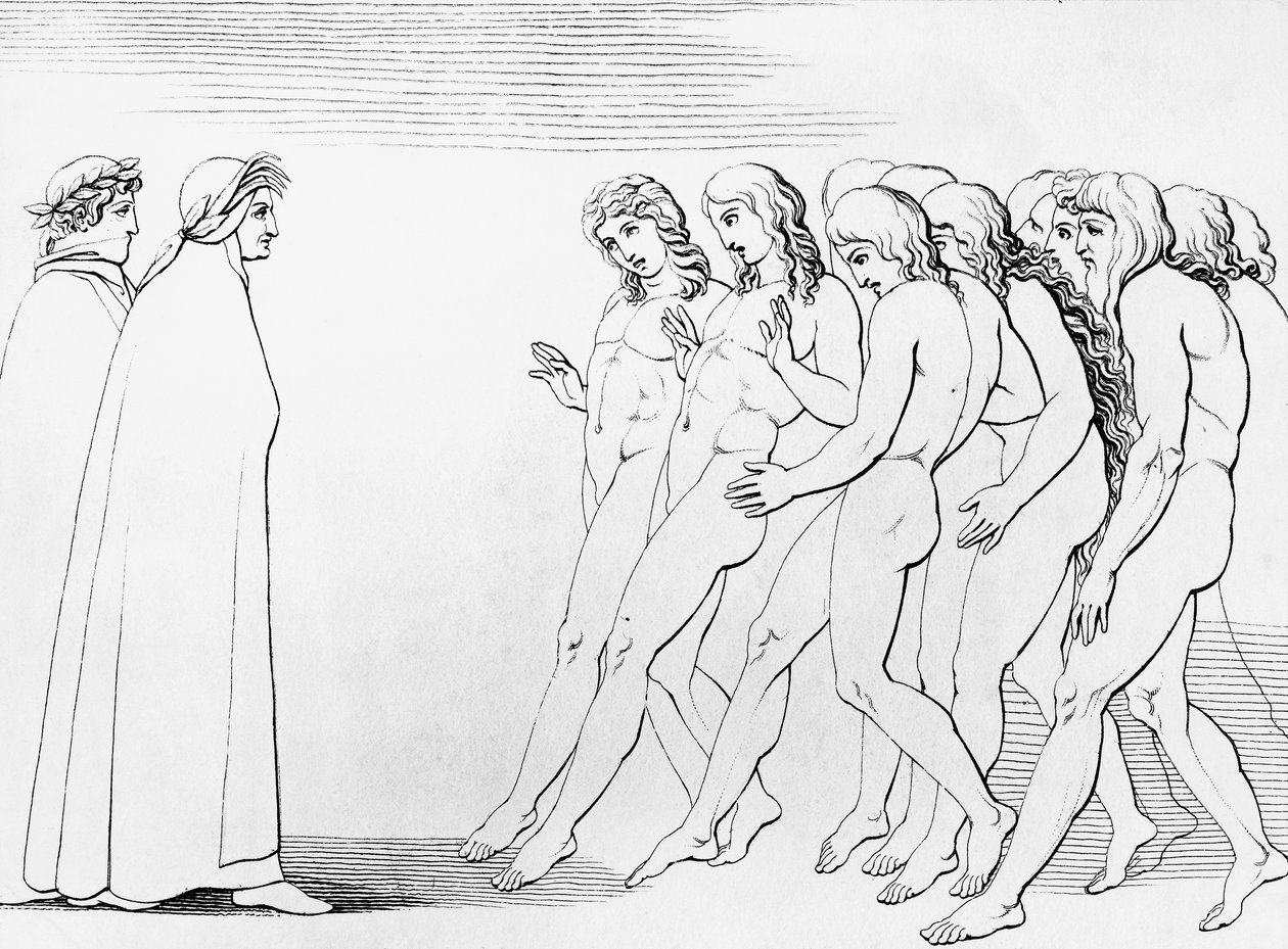 Dante Alighieri'nin (1265-1321) alegorik şiiri, Araf'ın 3. kantosu İlahi Komedya için örnek, Dante'nin hayatta olduğunu görünce ruhlar irkilir. by Dante Alighieri