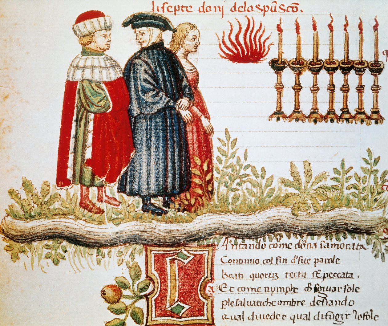 Virgil, Dante ve Matelda, Araf, Canto XXIX, İlahi Komedya'dan ışıklı sayfa, yazan Dante Alighieri (1265-1321) by Dante Alighieri