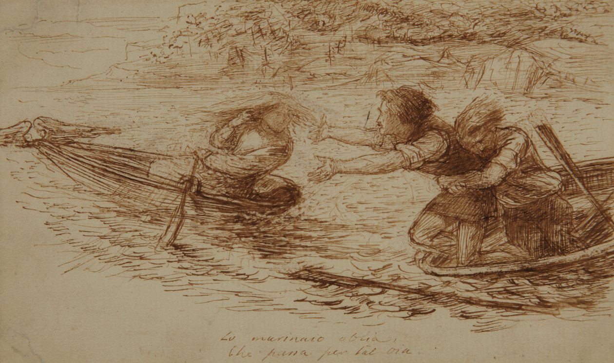 Boatmen and Siren, c.1853 (kağıt üzerine kalem ve mürekkep) by Dante Gabriel Charles Rossetti