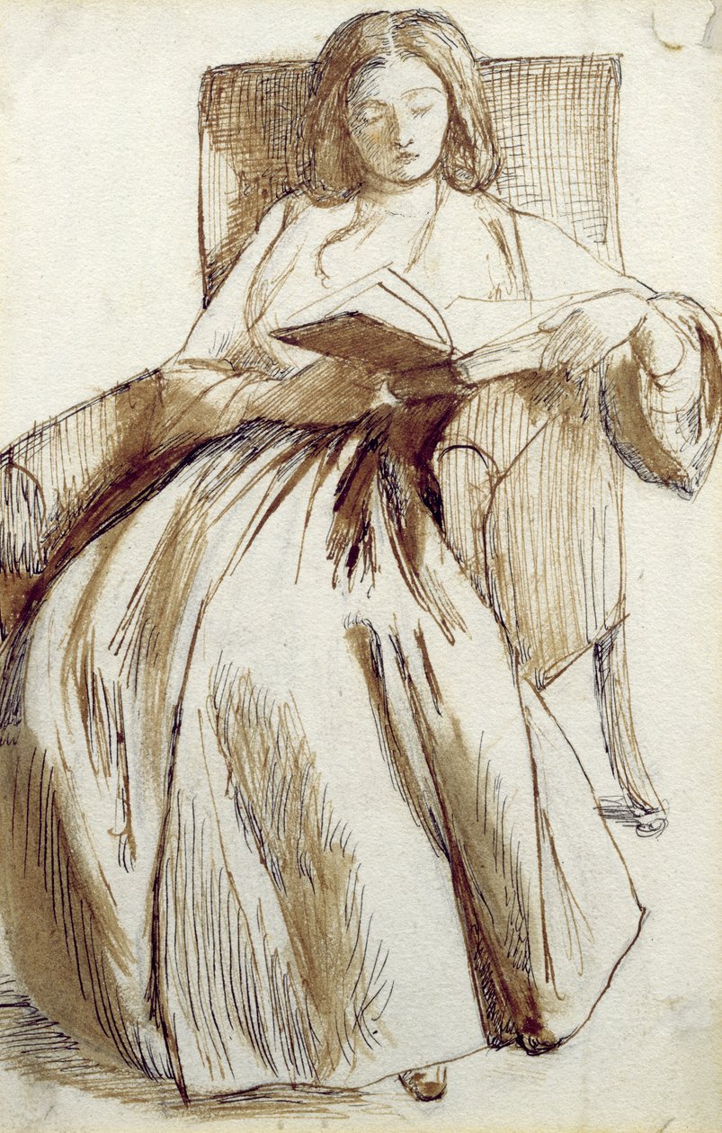 Elizabeth Siddal Kitap Okumak (kalem ve mürekkep ve yıkama) by Dante Gabriel Charles Rossetti