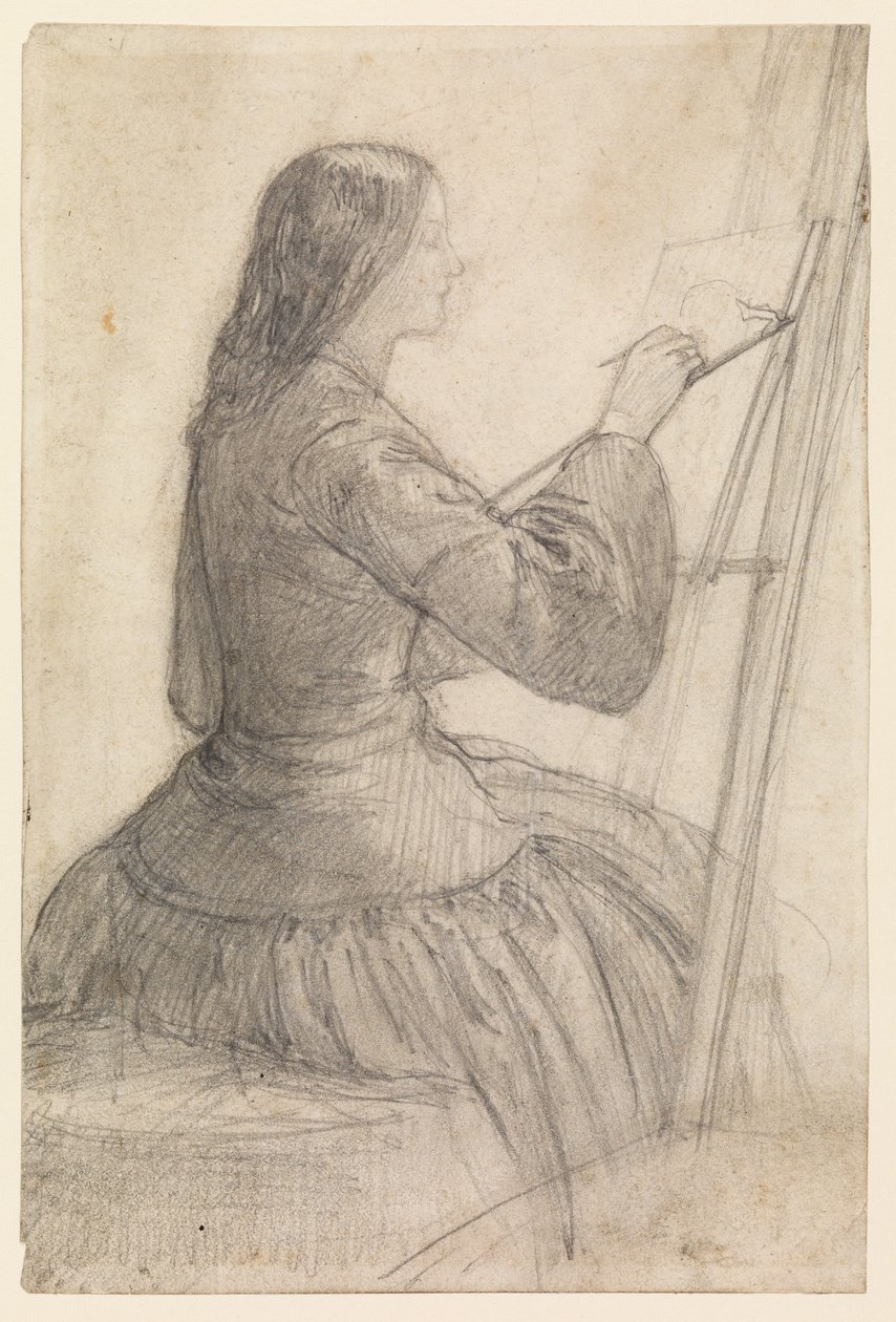 Elizabeth Siddal bir şövalede oturuyor, resim yapıyor, 1854-55 dolaylarında by Dante Gabriel Charles Rossetti