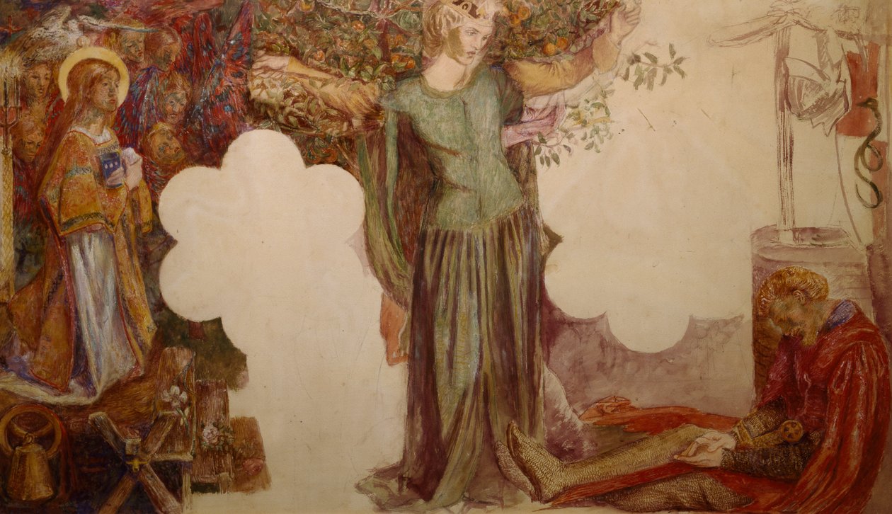 Sir Lancelot, günahıyla Kutsal Kase Şapeli'ne girmesini engelledi. by Dante Gabriel Charles Rossetti