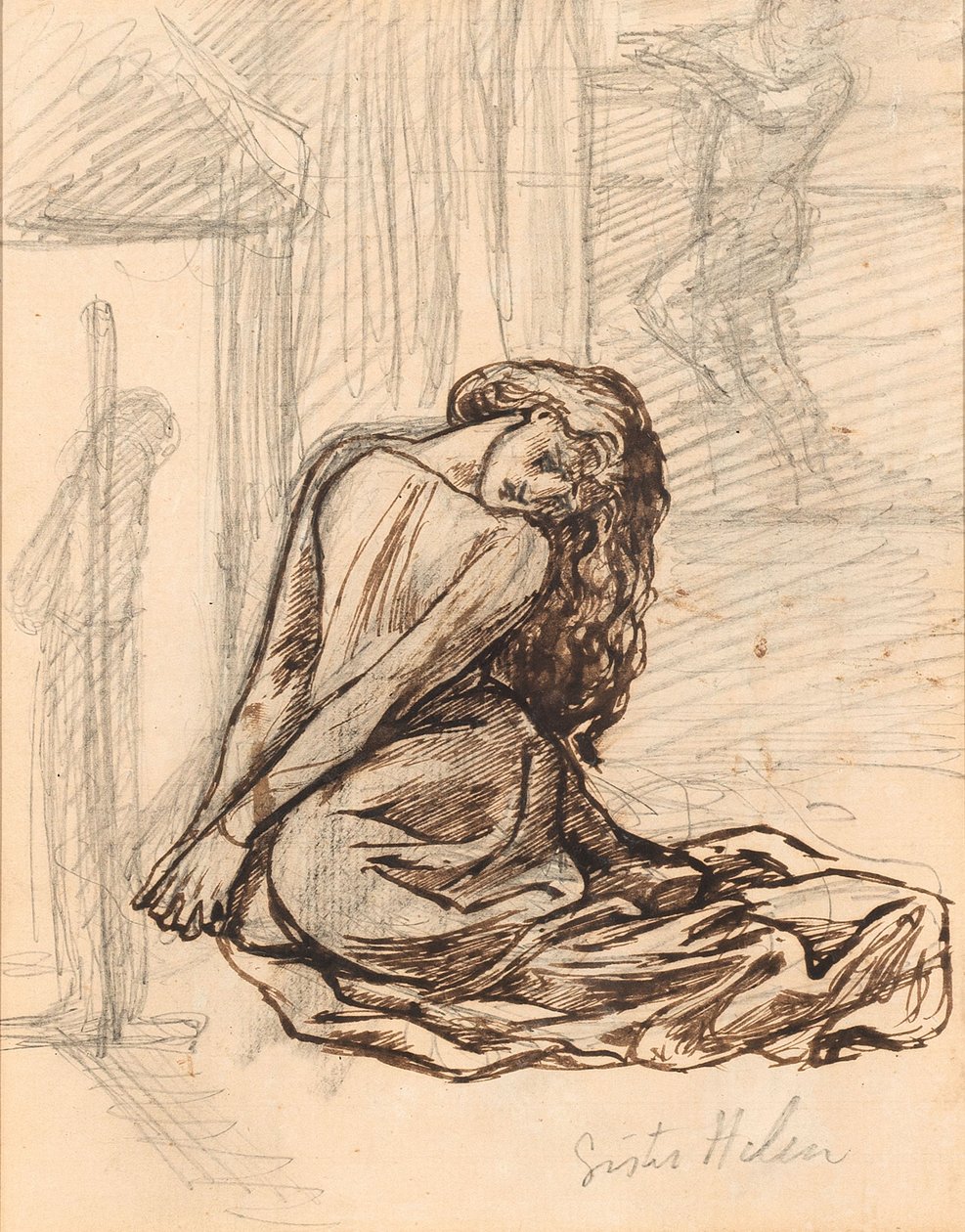 Rahibe Helen, 1870 dolayları (tahtaya monte edilmiş kağıt üzerine grafit ve kahverengi mürekkep) by Dante Gabriel Charles Rossetti