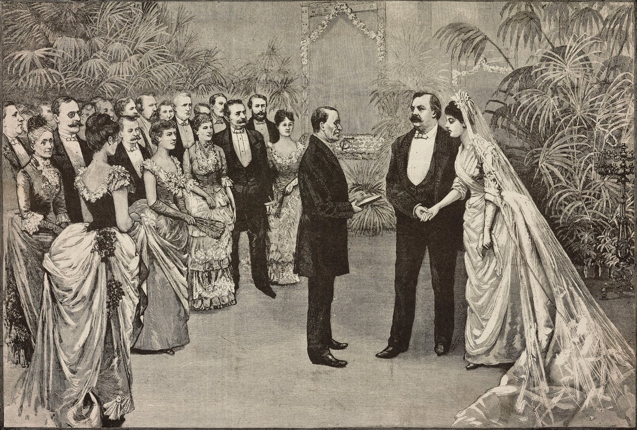 Amerikan Başkanı Grover Cleveland ve Frances Folsom'un düğünü, 2 Haziran, Washington, Amerika Birleşik Devletleri, Dante Paolocci'nin çizimi, L'Illustrazione Italiana'dan gravür, No 27, 27 Haziran by Dante Paolocci