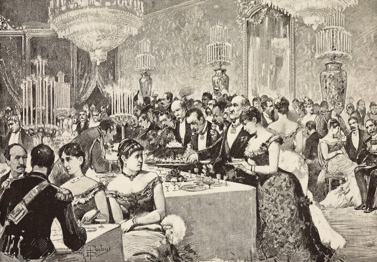 Büfe odası, Quirinale'deki mahkeme balosu, Roma, İtalya, Dante Paolocci'nin çiziminden gravür, L'Illustrazione Italiana'dan, No 10, Mart 9 by Dante Paolocci