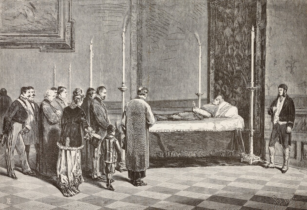 Kardinal Giacomo Antonelli'nin Vatikan'daki odalardan birinde yatan hali, L'Illustrazione Italiana'dan Dante Paolocci'nin bir çiziminden gravür, No 57, 26 Kasım by Dante Paolocci