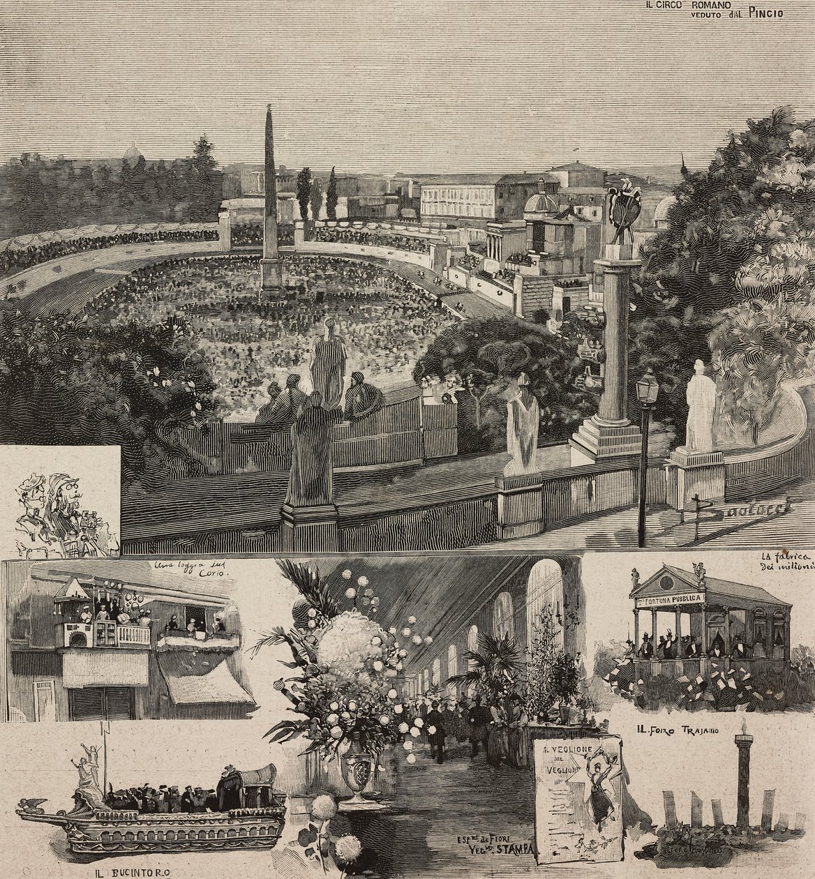 Piazza del Popolo'daki Karnaval Festivali, Pincio tepesinden görülüyor, Roma, İtalya, Dante Paolocci'nin çizim sonrası gravürü, L'Illustrazione Italiana'dan, Yıl XX, Sayı 8, 19 Şubat by Dante Paolocci