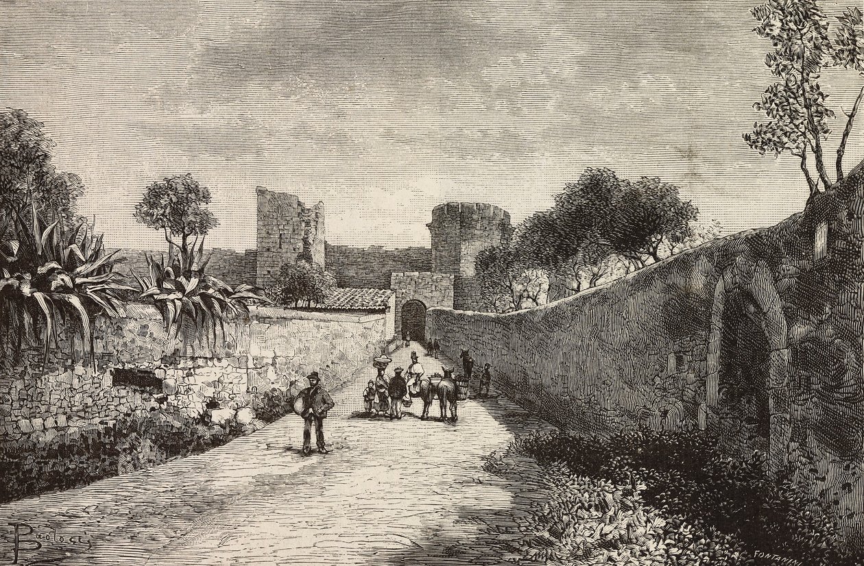 Castello kapısı, Corneto Tarquinia, İtalya, L'Illustrazione Italiana'dan Dante Paolocci'nin çiziminden gravür, No 47, 23 Kasım by Dante Paolocci