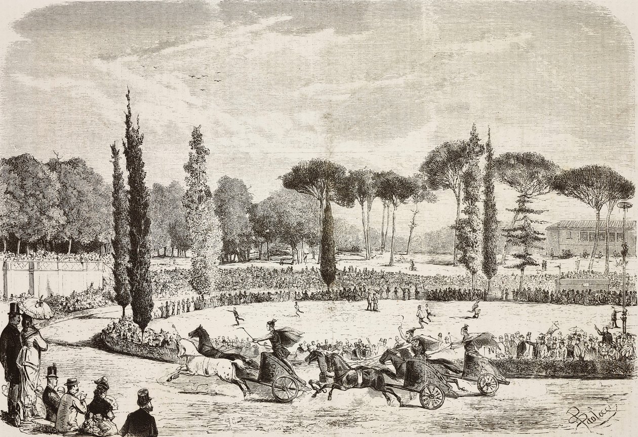Villa Borghese'de araba yarışları, Roma, İtalya, L'Illustrazione Italiana'dan Dante Paolocci'nin çiziminden gravür, No 39, 23 Temmuz by Dante Paolocci