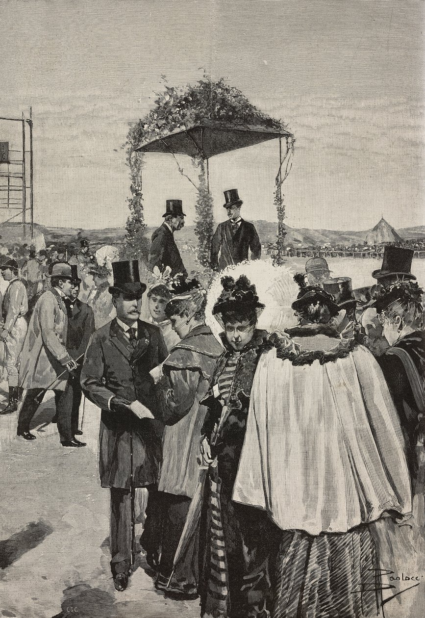 Savoy-Aosta'dan Turin Kontu Vittorio Emanuele, Tor di Quinto yarışlarında, Roma, İtalya, L'Illustrazione Italiana'dan Dante Paolocci tarafından çizim üzerine gravür, XX Yılı, No 13, Mart 26 by Dante Paolocci