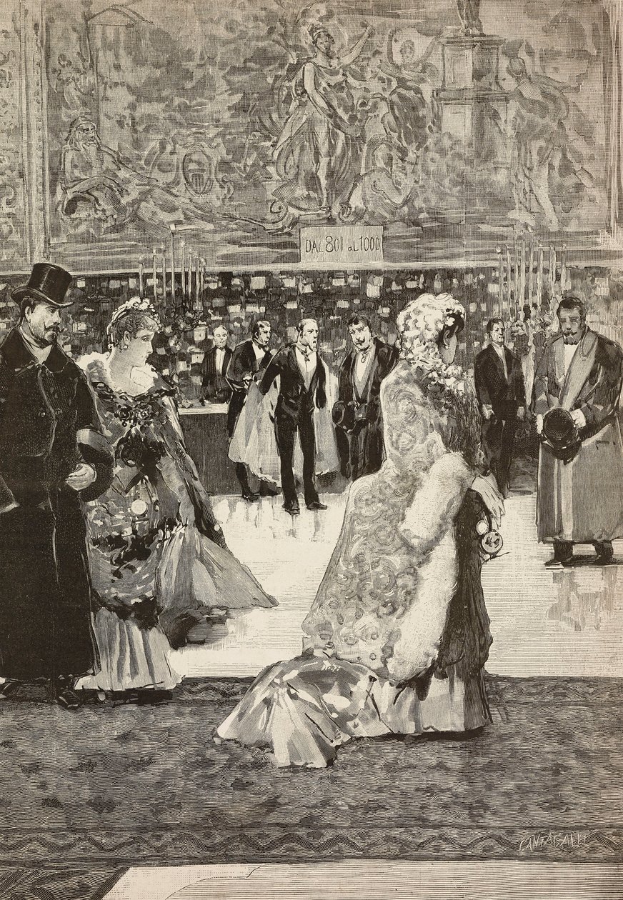 Parti sırasında Quirinal'deki Cuirassiers Salonu, Roma, İtalya, Francesco Giovanni Cantagalli'nin gravürü Dante Paolocci'nin çiziminden, L'Illustrazione Italiana'dan, No 14, 8 Nisan by Dante Paolocci
