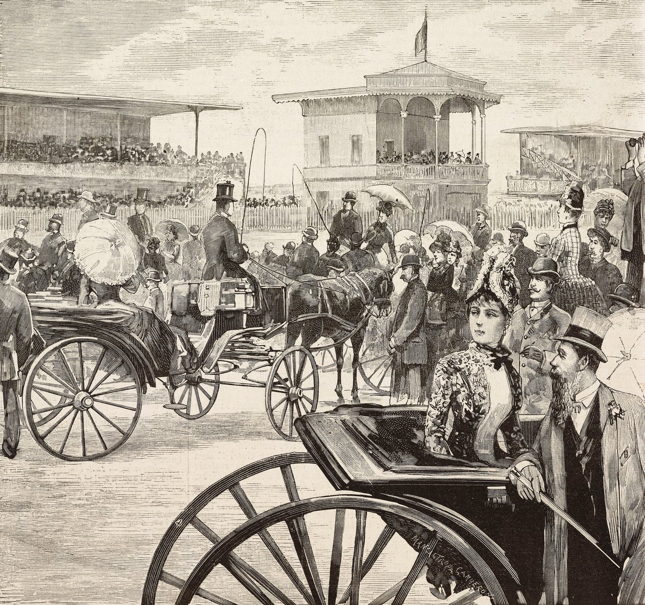 Yarış pistinde bir at yarışına katılan zarif erkekler ve kadınlar, Roma, İtalya, Dante Paolocci'nin bir çiziminden gravür, L'Illustrazione Italiana'dan, yıl 12, sayı 18, 3 Mayıs by Dante Paolocci