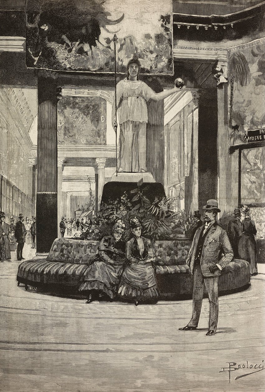 Kumaş ve dantel sergisi, Rotonda and Fabrics Gallery, Roma, İtalya, Dante Paolocci'nin çiziminden gravür, L'Illustrazione Italiana'dan, No 15, 10 Nisan by Dante Paolocci