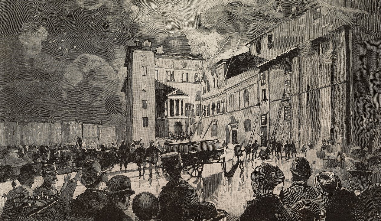 1893 İsrail okullarının yangını, Roma, İtalya, Dante Paolocci'nin çizim üstüne gravürü, L'Illustrazione Italiana'dan, Yıl XX, Sayı 7, 12 Şubat by Dante Paolocci