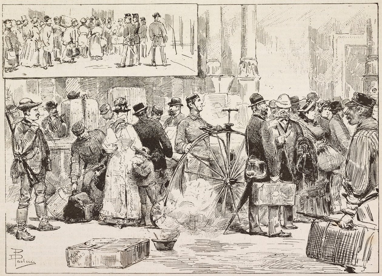 İstasyonda koleraya karşı fümigasyon, velocipede çırak, Roma, İtalya, Dante Paolocci'nin çiziminden gravür, L'Illustrazione Italiana'dan, No 37, Eylül 14 by Dante Paolocci