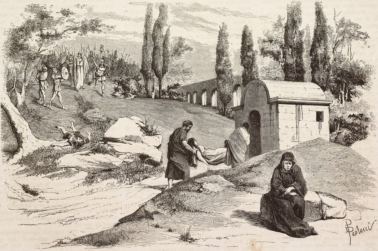 Alçak kampta, Rome Vaincue, Alexandre Parodi, Perde V, Zandomenico'nun L'Illustrazione Italiana'dan eskizlerinden Dante Paolocci'nin gravürü, No 58, Aralık 3 by Dante Paolocci