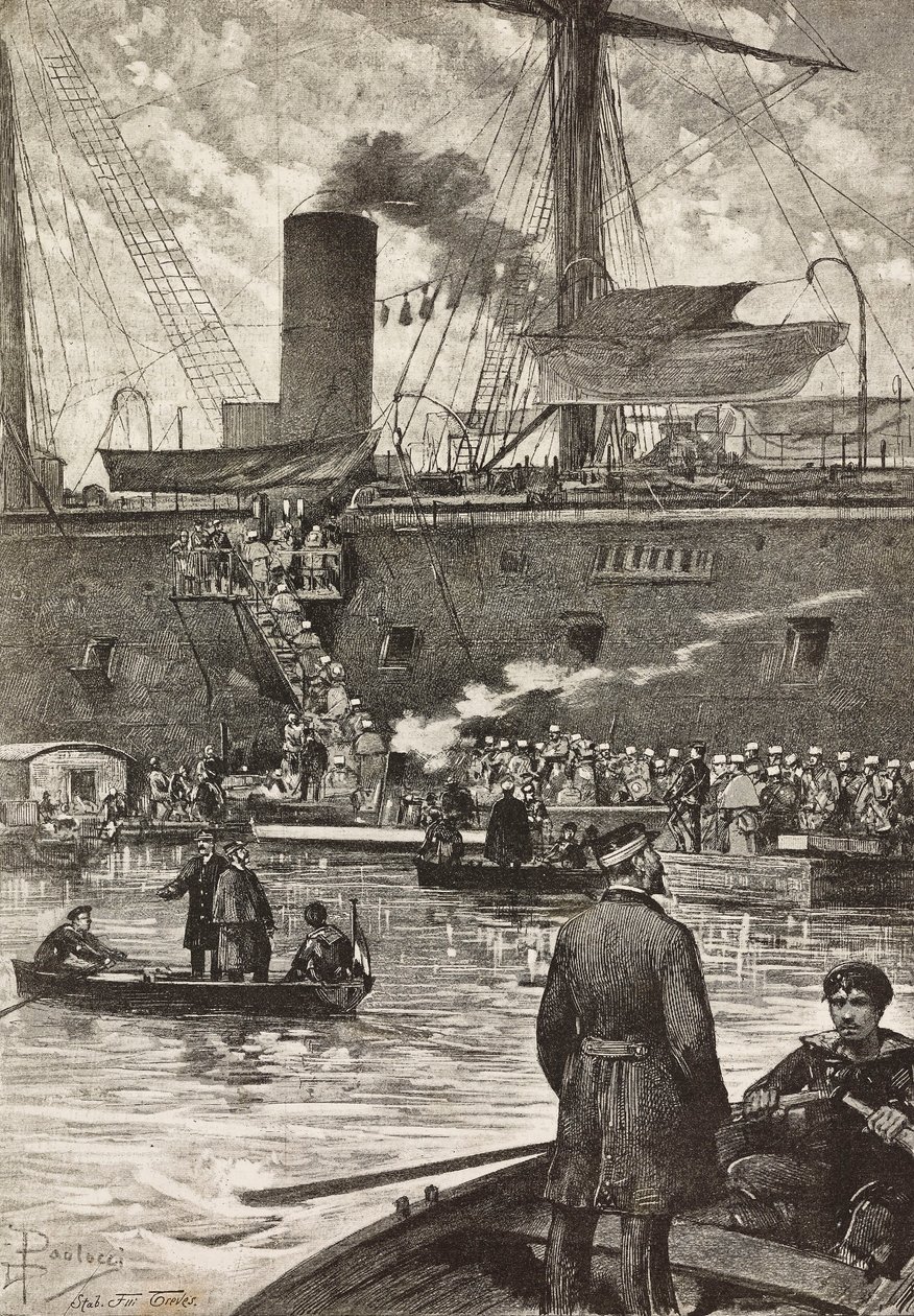İtalyan askerleri Principe Amedeo zırhlısına binerken, İtalyan seferi, Kızıldeniz, Napoli, İtalya, Dante Paolocci'nin çiziminden gravür, L'Illustrazione Italiana'dan, yıl 12, sayı 5, 1 Şubat by Dante Paolocci