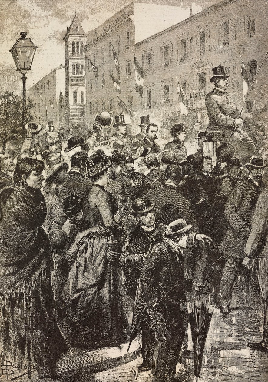 Kral Umberto I ve Kraliçe Margherita, kolera tarafından vurulan Napoli'ye yaptıkları ziyaretten dönerken, Roma, İtalya, L'Illustrazione Italiana'dan Dante Paolocci'nin çiziminden gravür, No 49, 7 Aralık by Dante Paolocci
