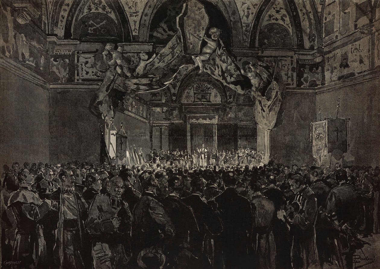 Leo XIII Fransız hacıları Ducal Hall, Papal Jubilee, Vatikan'da alırken, Dante Paolocci'nin çiziminden gravür, L'Illustrazione Italiana No 46'dan, 30 Ekim by Dante Paolocci