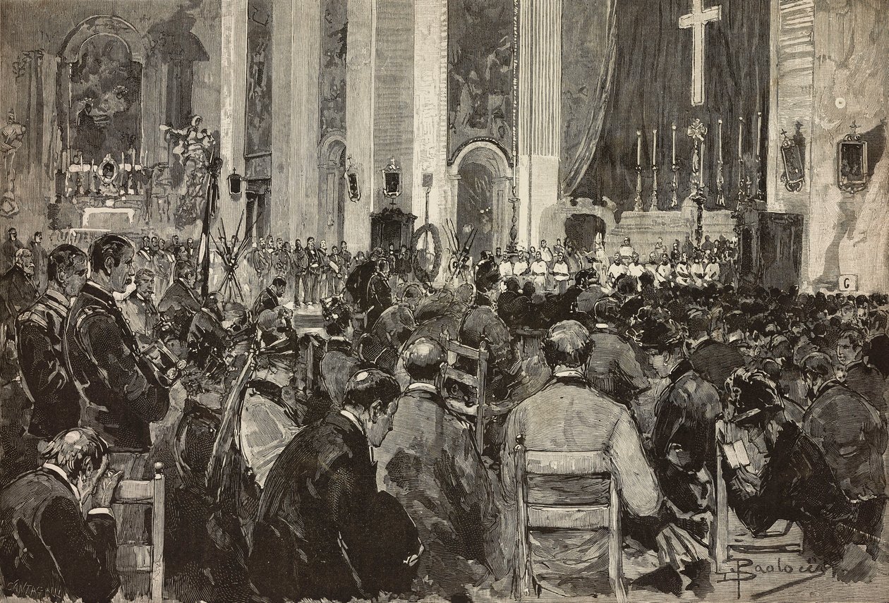 Roma, Sant Andrea della Valle kilisesindeki Dogali'de ölüler için cenaze törenleri, L'Illustrazione Italiana'dan Dante Paolocci'nin çiziminden gravür, No 11, 13 Mart by Dante Paolocci