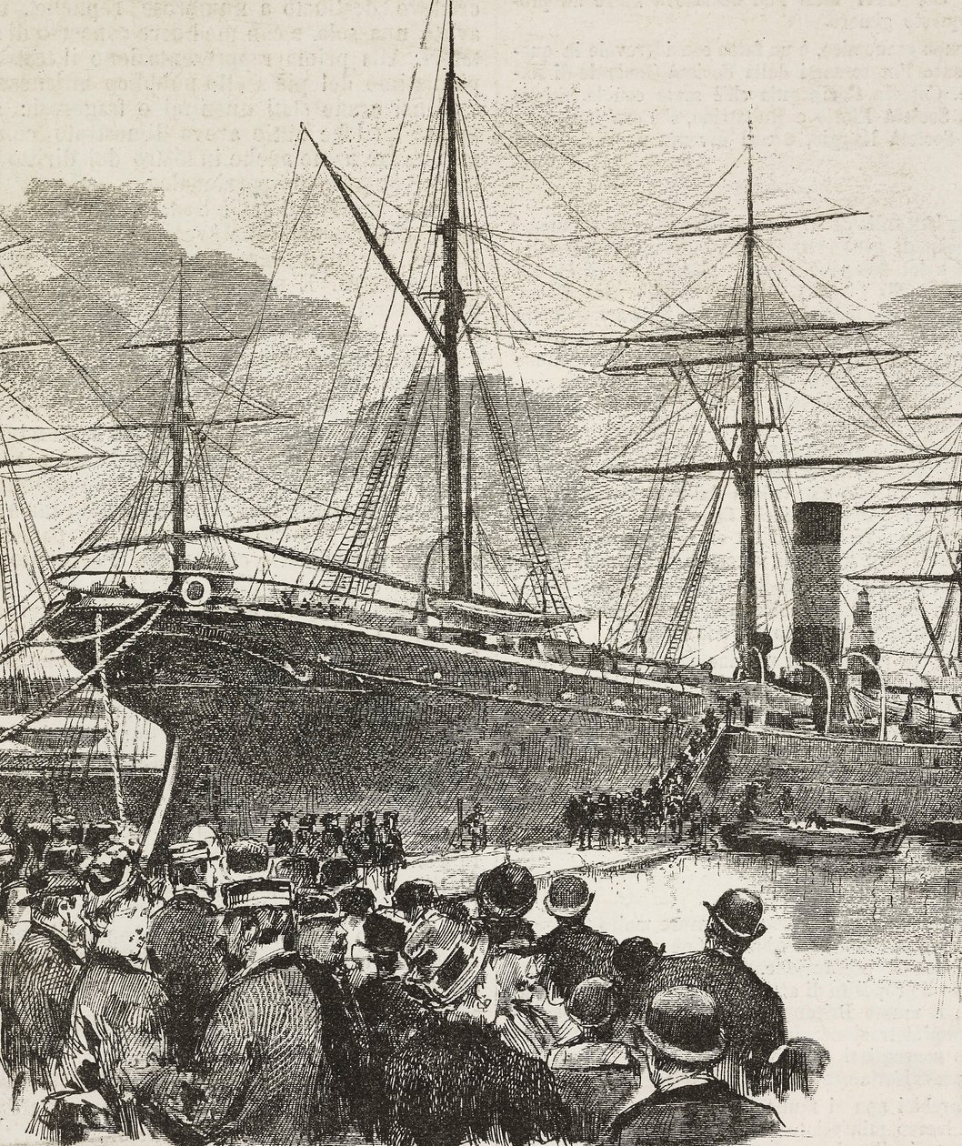 İtalyan Ordusu'na bağlı Bersaglieri'nin Gottardo gemisine binişine katılan insanlar, Kızıldeniz'deki İtalyan seferi, L'Illustrazione Italiana'dan Dante Paolocci'nin çiziminden gravür, yıl 12, sayı 6, 8 Şubat by Dante Paolocci