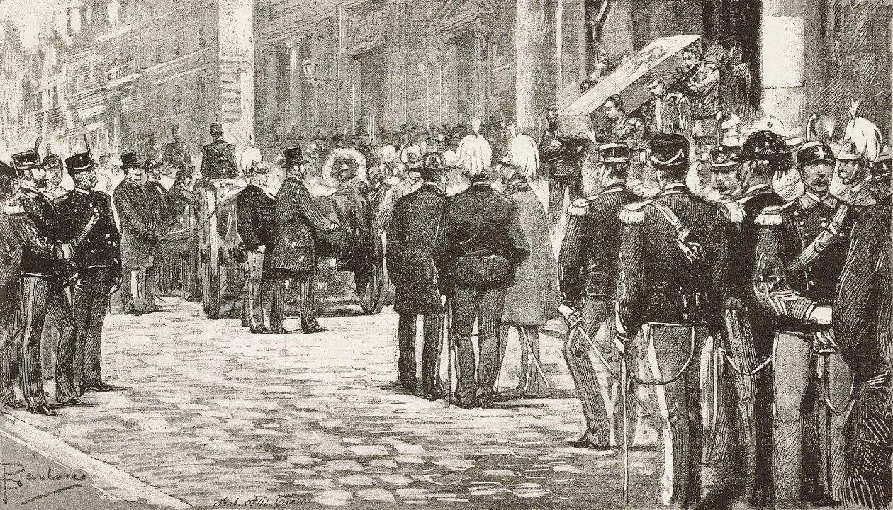 İtalyan politikacı ve subay Luigi Mezzacapo'nun (1814-1885) cenaze törenine katılan politikacılar ve memurlar, Roma, İtalya, L'Illustrazione Italiana'dan Dante Paolocci'nin çiziminden gravür, yıl 12, sayı 7, 15 Şubat by Dante Paolocci