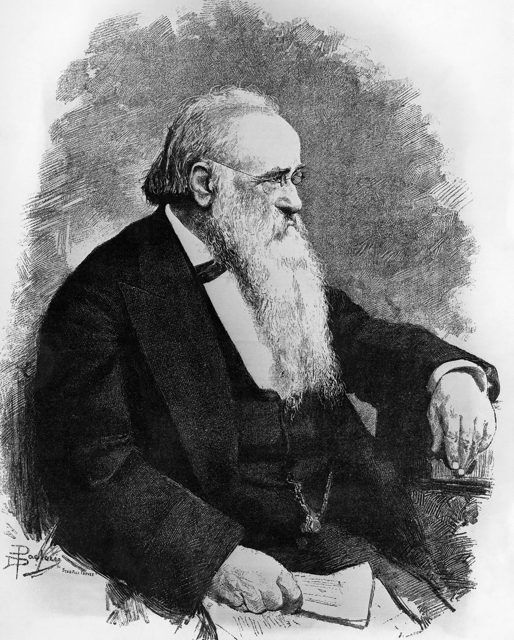 İtalyan devlet adamı Agostino Depretis'in (1813-1887) portresi, Dante Paolocci'nin (1856-1926) çizimi, L'Illustrazione Italiana'dan gravür, 22 Kasım by Dante Paolocci