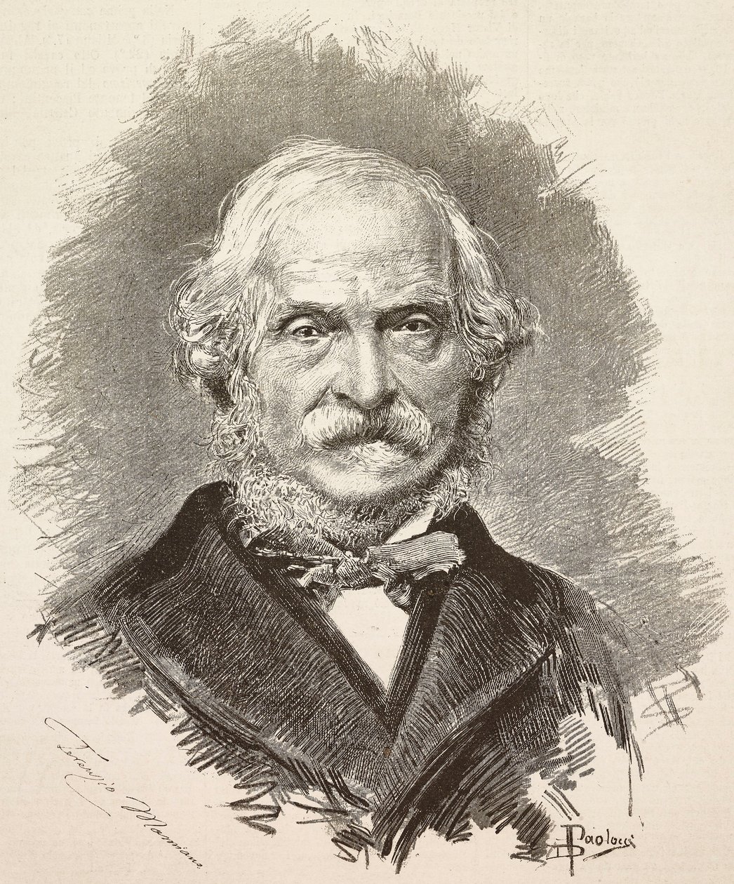 İtalyan politikacı ve yazar Terenzio Mamiani'nin (1799-1885) portresi, Dante Paolocci'nin bir çiziminden ve Della Valle'nin bir fotoğrafından gravür, L'Illustrazione Italiana'dan, yıl 12, sayı 22, 31 Mayıs by Dante Paolocci