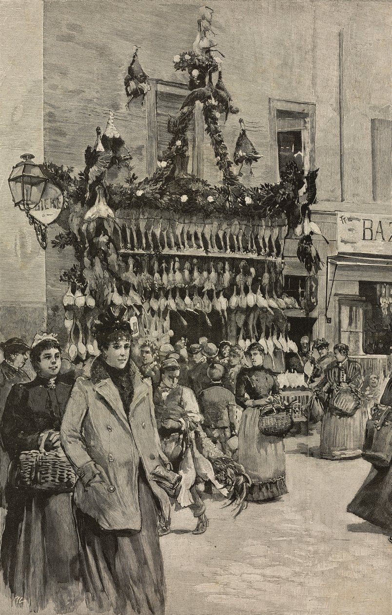 Noel'de Roma'da kümes hayvanı dükkanı, İtalya, L'Illustrazione Italiana'dan Dante Paolocci'nin çiziminden sonra gravür, XX Yılı, No 53, 31 Aralık by Dante Paolocci