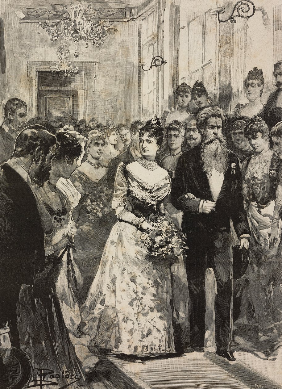 Savoy Kraliçesi Margherita, Roma Sanat Kulübü'nün (Circolo Artistico) partisinde, heykeltıraş Giulio Monteverde, İtalya eşliğinde, L'illustrazione Italiana'dan Dante Paolocci'nin çizim üstüne gravürü, XX. Yıl, No 3, 15 Ocak by Dante Paolocci