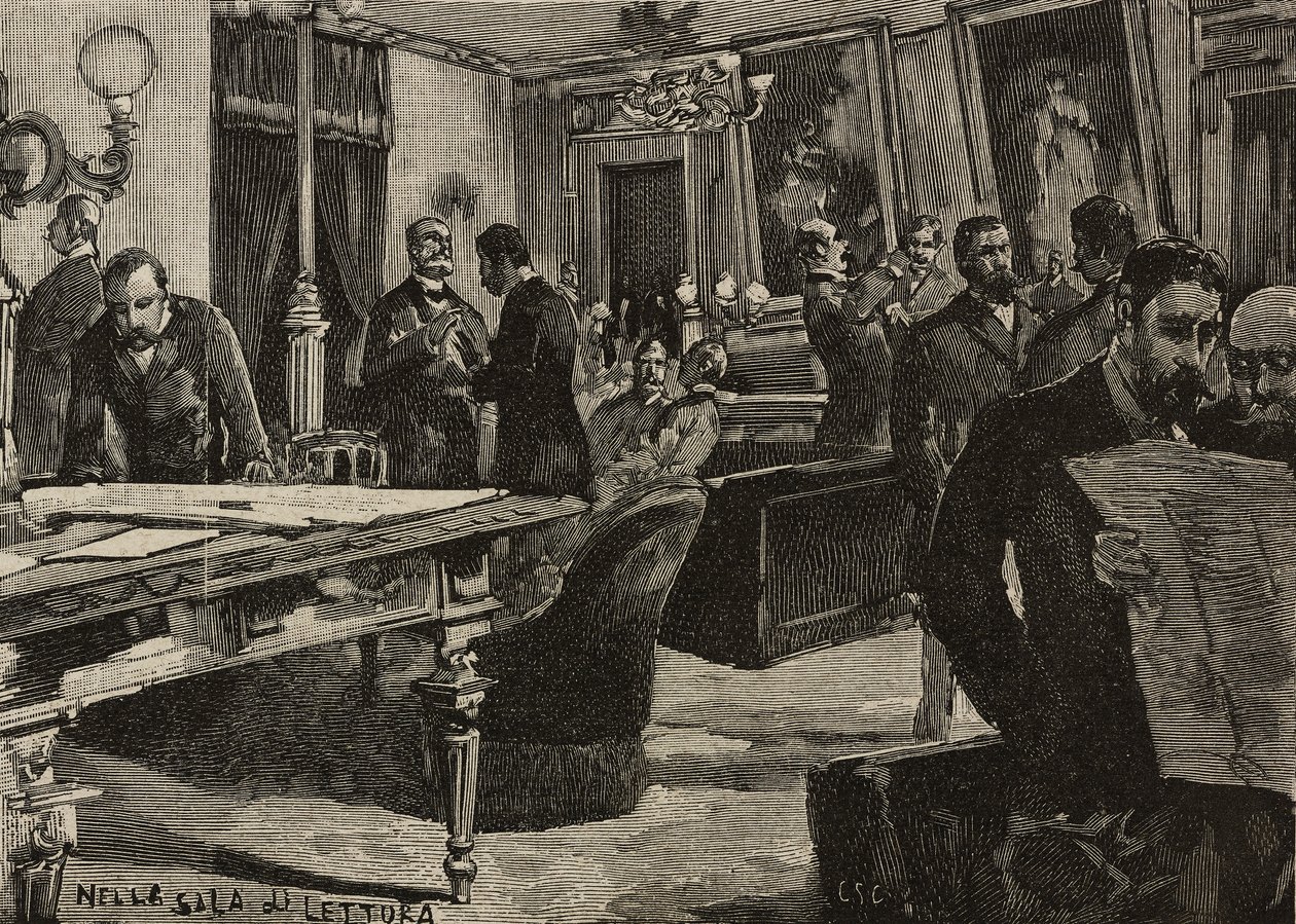 Palazzo Montecitorio'daki okuma odası, Roma, İtalya, L'Illustrazione Italiana'dan Dante Paolocci'nin çizdiği gravür, XX. Yıl, No 7, 12 Şubat by Dante Paolocci
