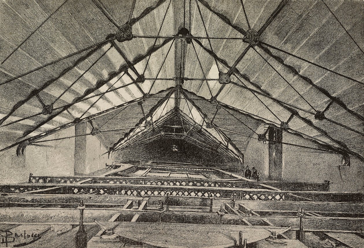 Çatı ve tavanı destekleyen metal kiriş, St John Lateran Archbasilica'nın yeni kolu, Roma, İtalya, Dante Paolocci'nin çizimi, L'Illustrazione Italiana'dan gravür, No 29, Temmuz 11 by Dante Paolocci