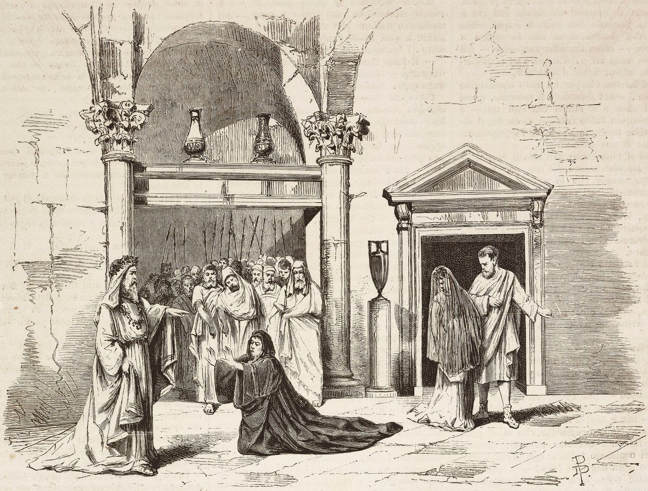Yüce Papa'nın saraydaki kabinesi, Postumia Fabio Massimo'ya yalvarıyor, Roma Vaincue, Alexandre Parodi, Perde V, Zandomenico'nun L'Illustrazione Italiana'dan eskizlerinden Dante Paolocci'nin gravürü, No 58, 3 Aralık by Dante Paolocci
