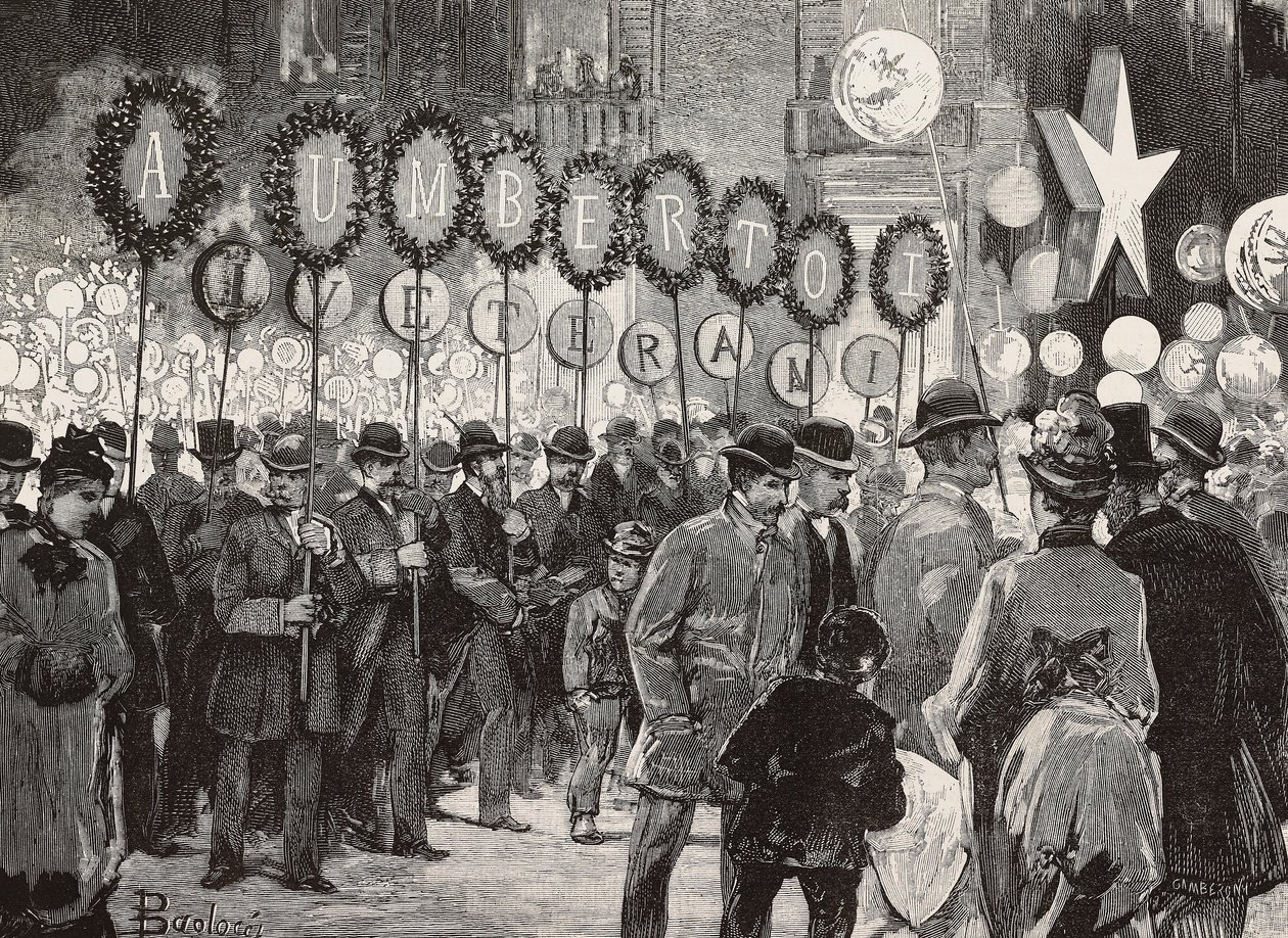 1 Aralık akşamı Kral Umberto I onuruna meşale ışığı, Roma, İtalya, Dante Paolocci'nin çiziminden gravür, L'Illustrazione Italiana'dan, No 50, 14 Aralık by Dante Paolocci