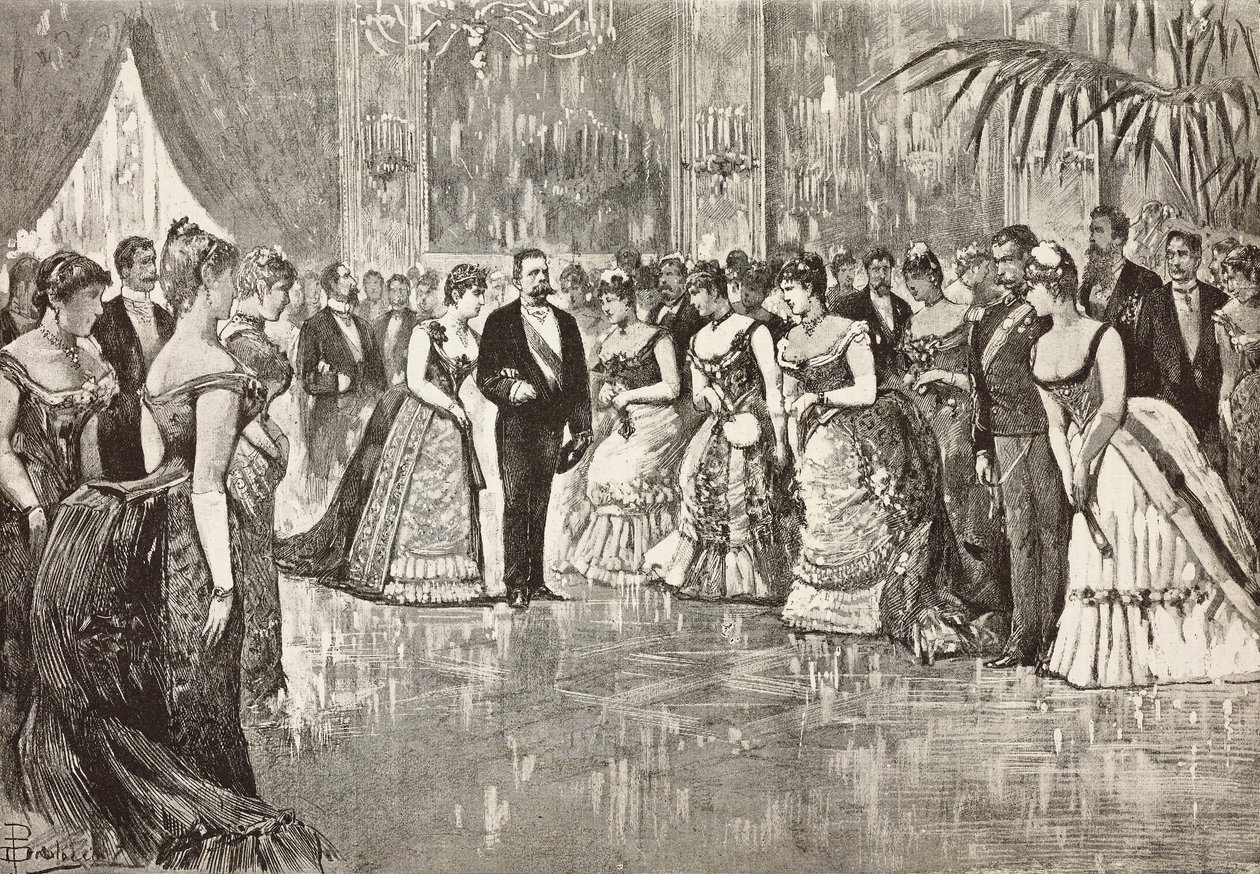 Umberto I (1844-1900), İtalya Kralı ve eşi Savoylu Margherita (1851-1926) Quirinal Sarayı'ndaki baloda, Roma, İtalya, Dante Paolocci'nin L'Illustrazione Italiana'dan çiziminden gravür, 12. yıl, no. 9, 1 Mart by Dante Paolocci