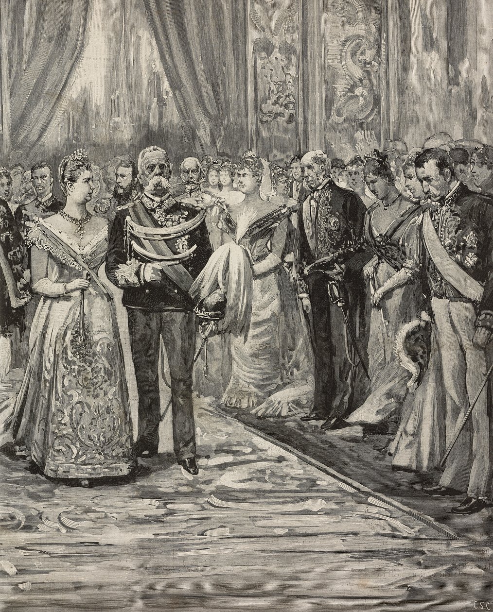 Savoylu I. Umberto ve Margherita, gümüş düğünleri vesilesiyle konserde, Palazzo del Quirinale, Roma, İtalya, L'Illustrazione Italiana'dan Dante Paolocci'nin çizim üstüne gravürü, Yıl XX, Sayı 18, 30 Nisan by Dante Paolocci