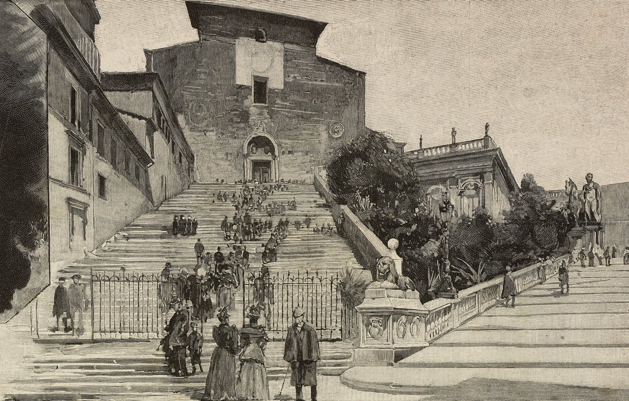 Aracoeli, Roma, İtalya'daki Santa Maria Bazilikası'nın görünümü, L'Illustrazione Italiana'dan Dante Paolocci'nin çizdiği gravür, Yıl XX, No 53, 31 Aralık by Dante Paolocci