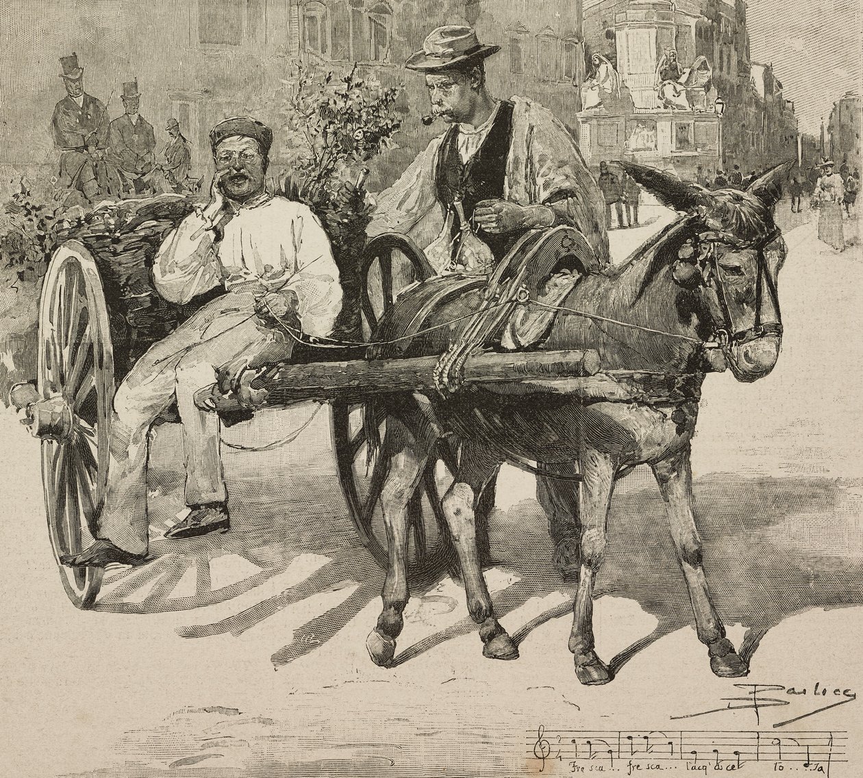 Su satıcısı (acquarolo), İtalya, Roma sokaklarında Acetosa çeşmesinden su satıyor, Dante Paolocci'nin L'Illustrazione Italiana'dan çizim üstüne gravürü, Yıl XX, Sayı 28, 9 Temmuz by Dante Paolocci