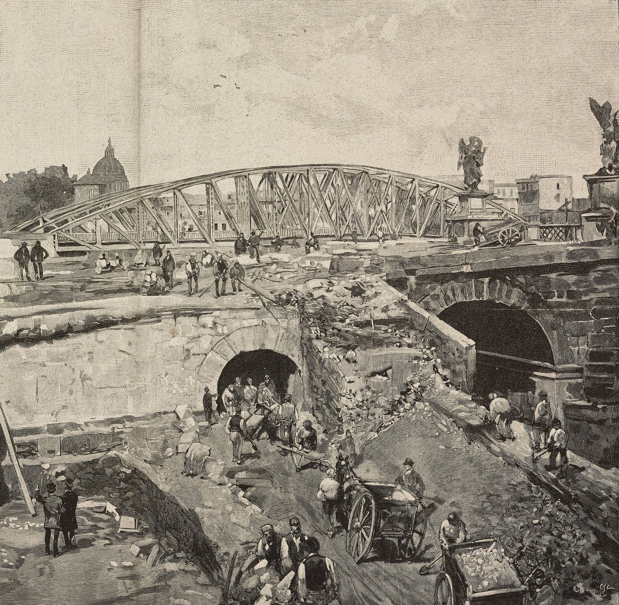 Tiber bankalarının hayata geçirilmesi sırasında Sant'Angelo Köprüsü üzerindeki çalışma, Roma, İtalya, Dante Paolocci tarafından çizim üzerine gravür, L'Illustrazione Italiana'dan, Yıl XX, No 2, Ocak 8 by Dante Paolocci